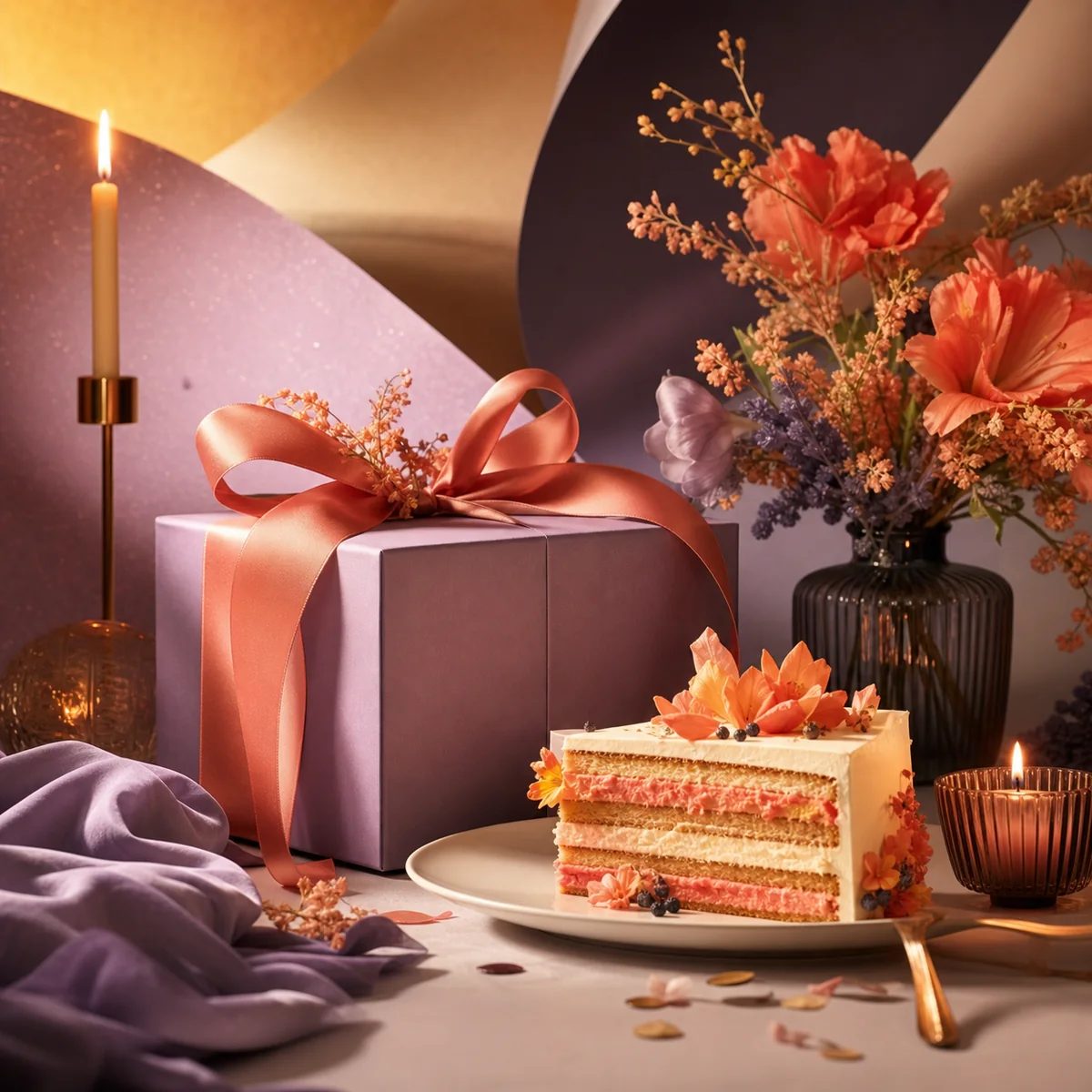 Editoriale Geschenkewelt zum Geburtstag in Violett und Koralle.