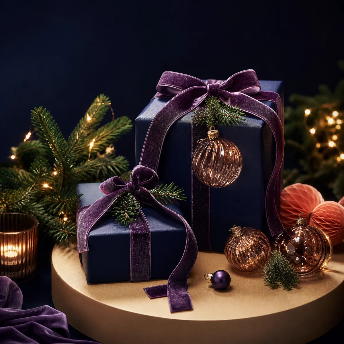 Moderne Weihnachtsgeschenke mit violetten Bändern auf dunklem Hintergrund.