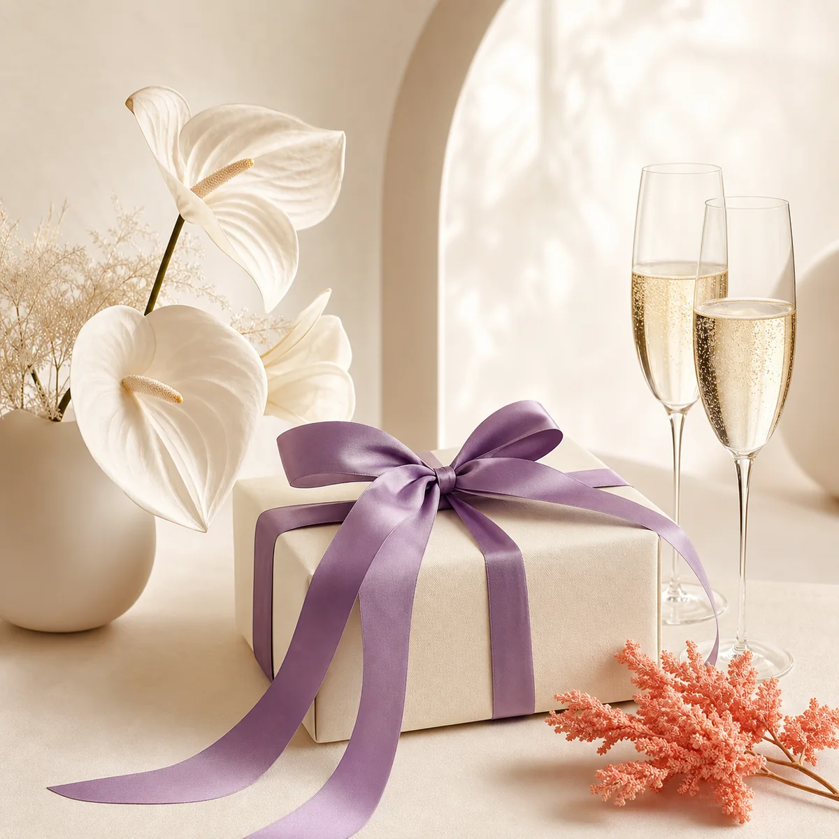 Elegantes Hochzeitsgeschenk mit violettem Band und weißen Blumen.