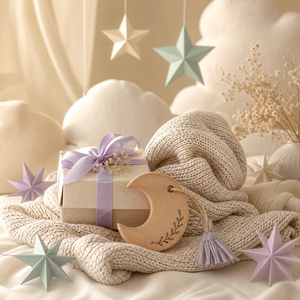 Sanfte Geschenkewelt zur Geburt mit Strickdecke, Mond und Sternen.