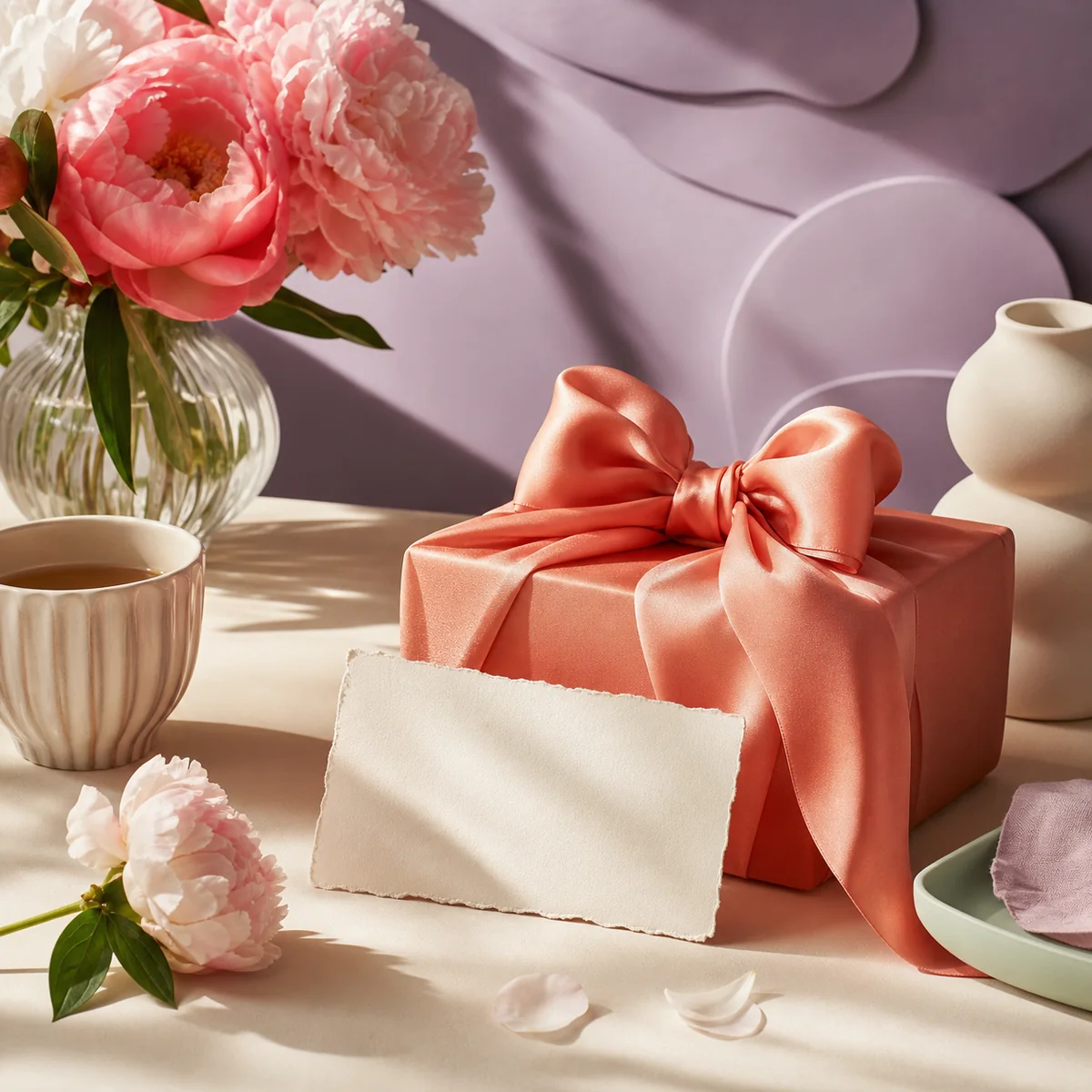 Korallenfarbenes Muttertagsgeschenk mit Blumen und Tasse.