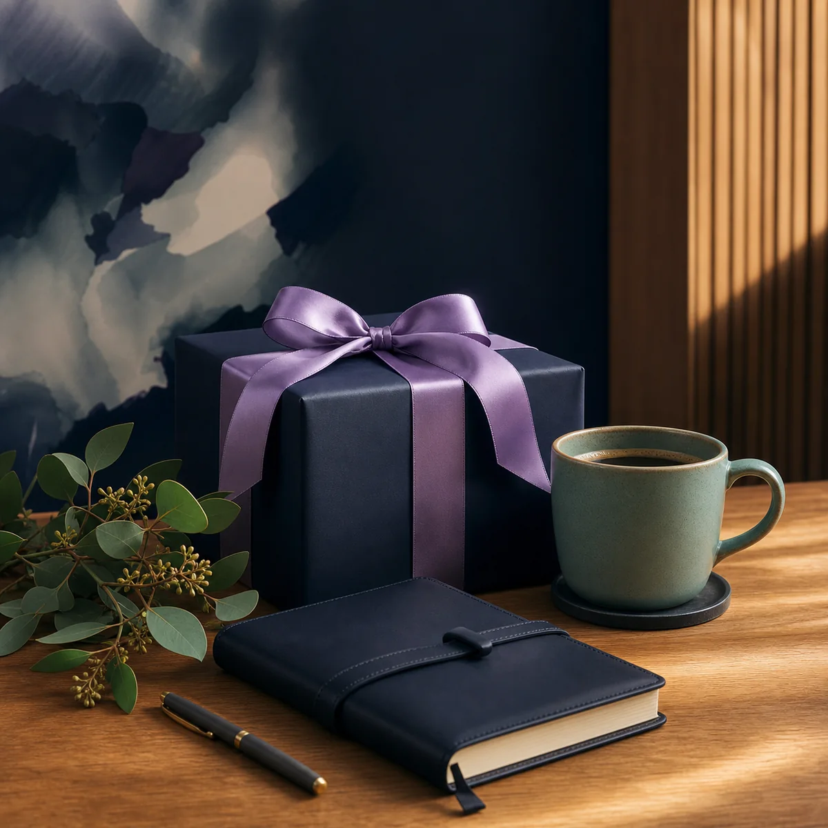 Dunkelblaues Vatertagsgeschenk mit Kaffee und Notizbuch.