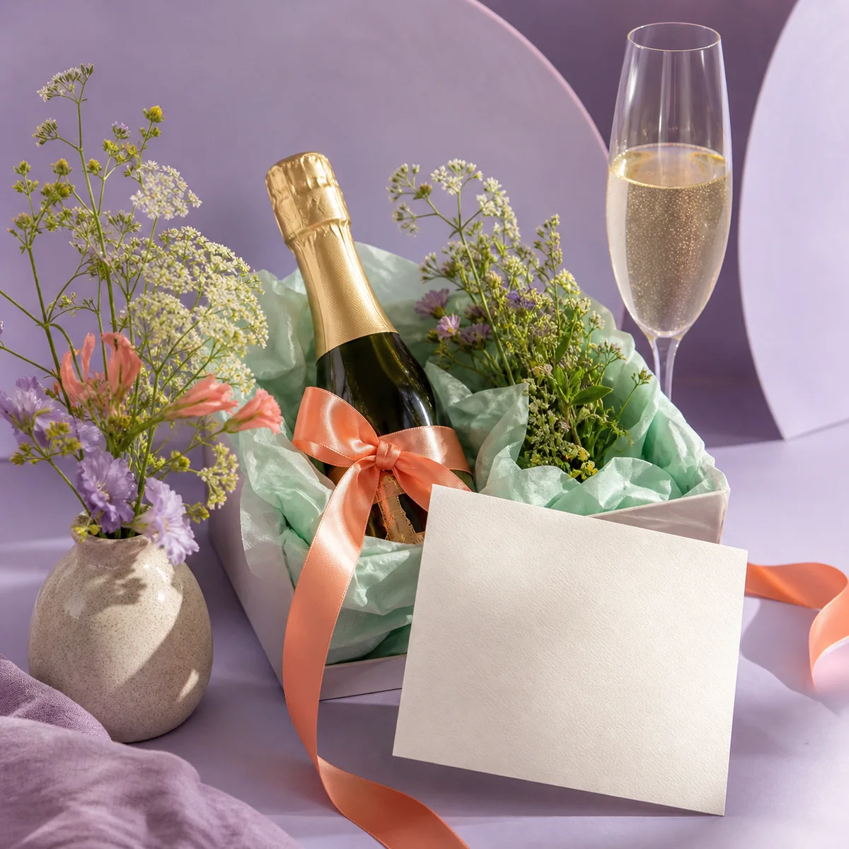 Dankeschön-Geschenk mit Wildblumen und einer leeren Grußkarte.