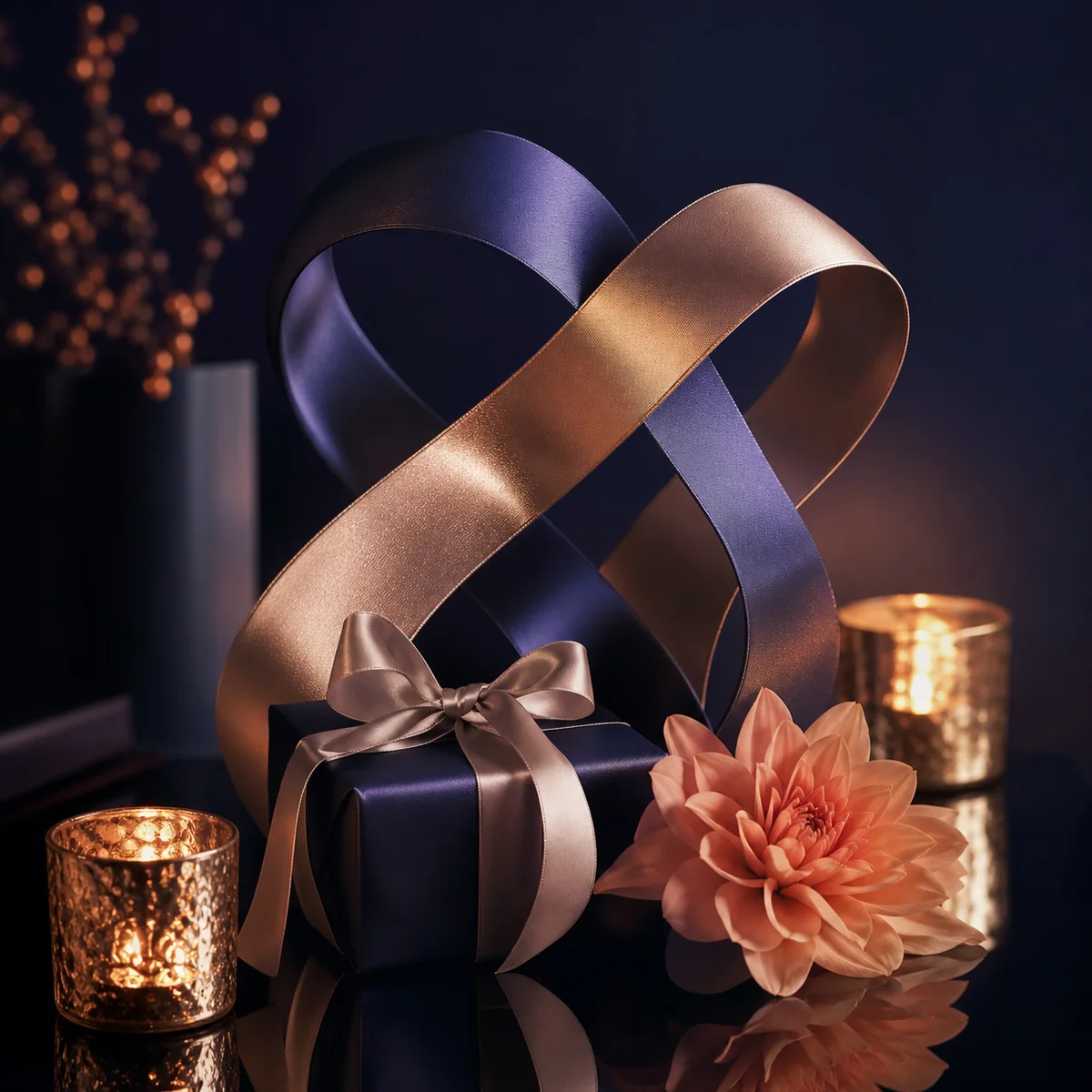 Jubiläumsgeschenk mit ineinanderlaufenden Bändern und Kerzenlicht.