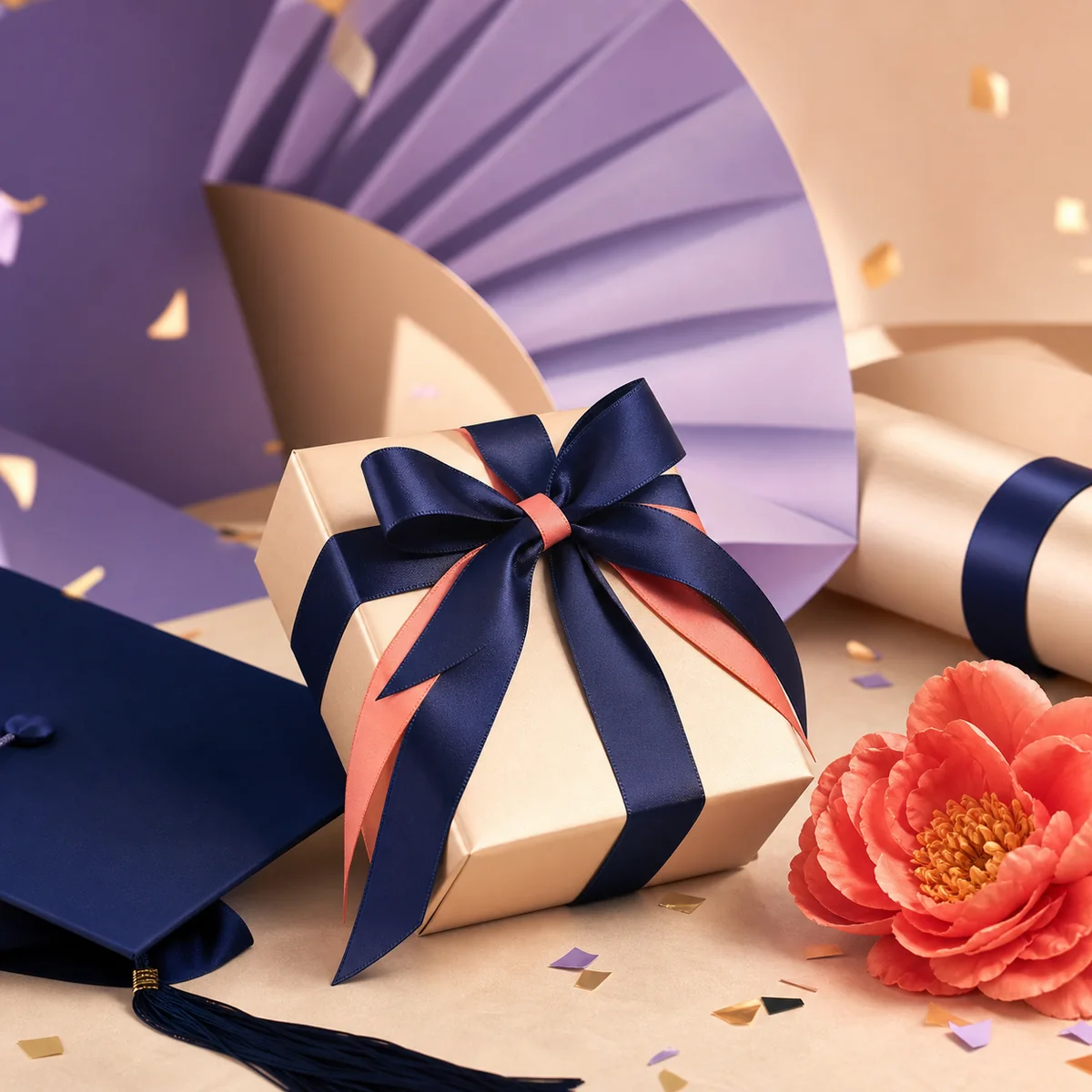 Abschlussgeschenk mit dunkelblauer Kappe und korallenfarbener Blume.