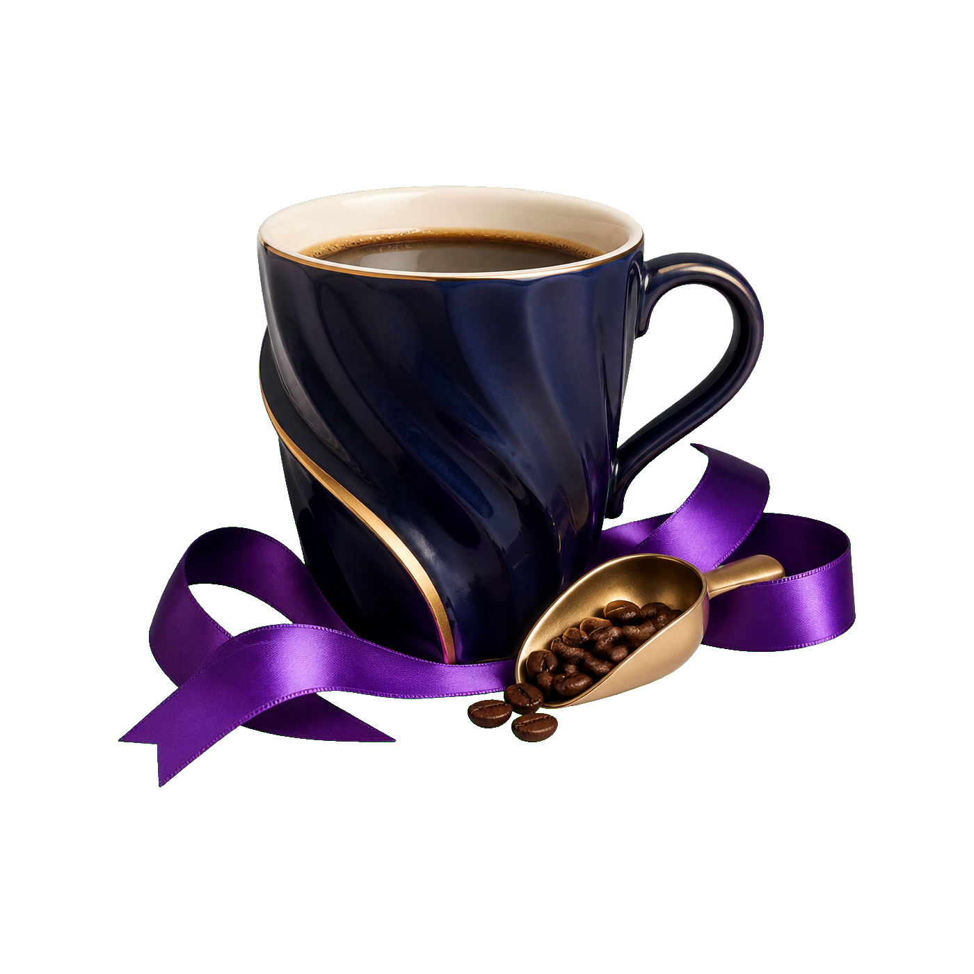 Freigestellte dunkelblaue Kaffeetasse mit violettem Band.