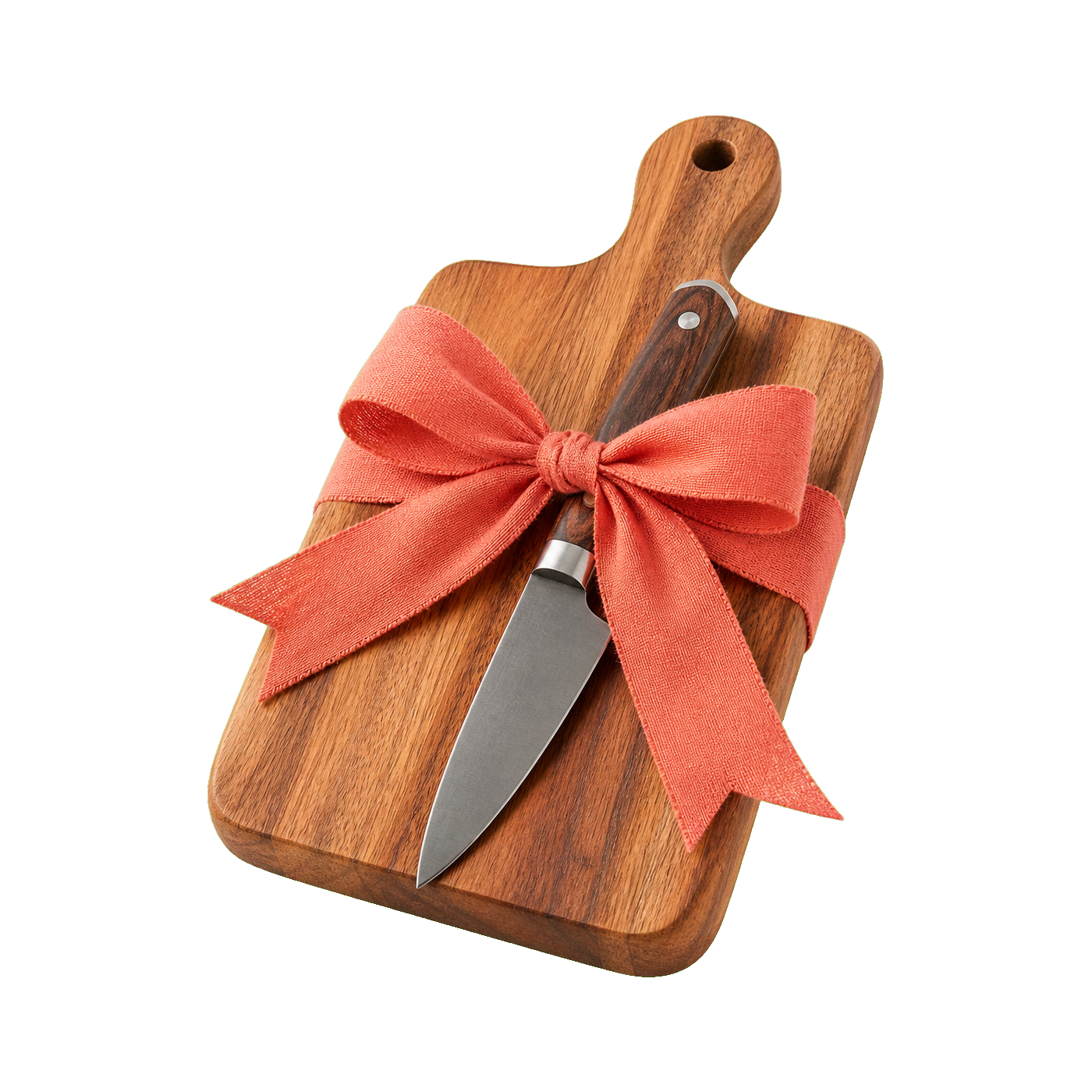 Freigestelltes Servierbrett mit kleinem Messer und korallenfarbenem Band.